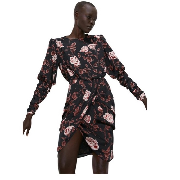 Zara Ruched Long Sleeve Rose Print Mini Asymmetrical Dress NWOT - Picture 2 of 13
